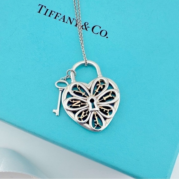 RARE Tiffany & Co. Two-Tone Filigree Heart Necklace 18k and Sterling Silver - Picture 1 of 6
